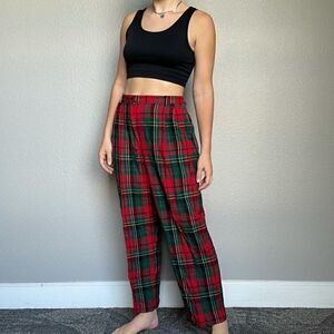 Vintage 90s Wool Red Green Plaid Preppy High Waisted Christmas Holiday Trousers